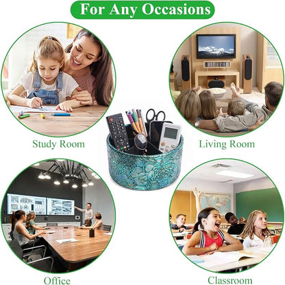 Remote Control Holder, 360°Spinning PU Leather Desk TV Remote Caddy,Desk Storage Box Room Accessories for Controller, Media,Mail,Calculator, Mobile Phone,Pencil(1B-Rich Flower Green)