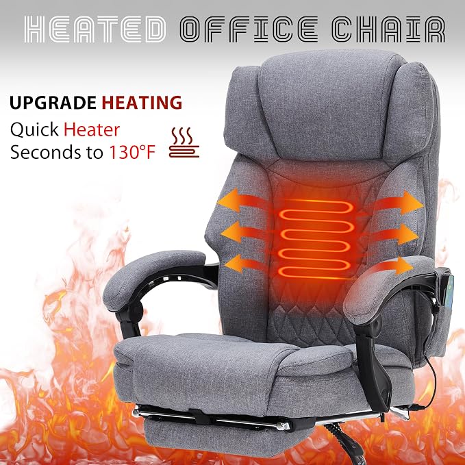 Massage Office Chair with Foot Rest 6 Points Vibration and Heat Home Office Desk Chairs for Heavy People 400lbs Reclining Managerial Chairs Ergonomic Executive Chair (Grey)