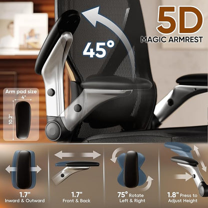 GABRYLLY Ergonomic Office Chair, Big and Tall Mesh Chair with Adjustable Lumbar Support, 5D Arms & Wide Seat, 135° Recline Home Desk Computer Chairs for Work Gaming, Heavy Duty,400LBS - Black