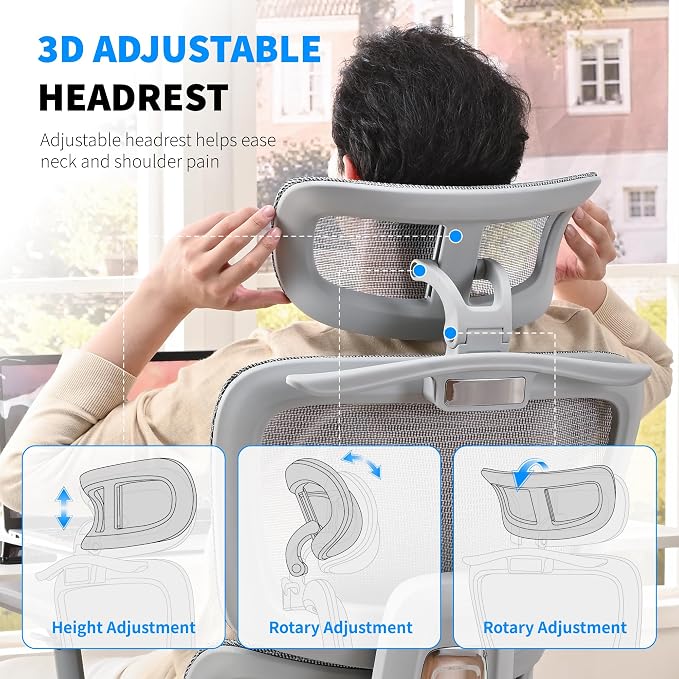 Mesh Ergonomic Office Chair with Footrest, Grey | High Back, Lumbar Support, Adjustable Headrest and Armrests, Gaming Chair,Home Office Desk Chair