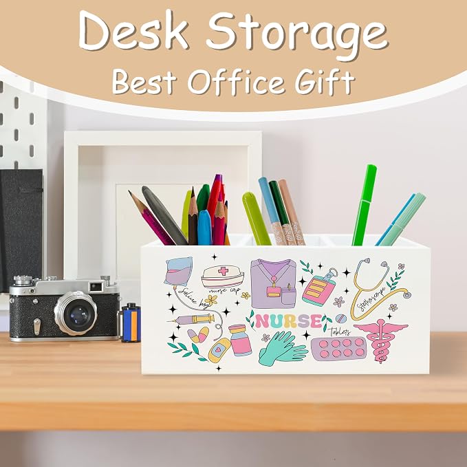 Nurse Gifts Pen Pencil Holder Organizer for Desk, Nurse Appreciation Gifts, Gift for Nurses Nursing Students Wooden Box Block Sign for Home Office Tabletop Decor