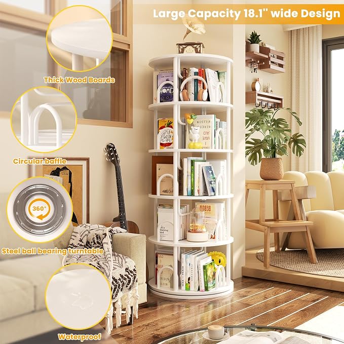 Aheaplus 5 Tier Rotating Bookshelf Tower, 360 Display Spinning Bookcase, Revolving Round Book Shelf Narrow Swivel Bookshelf, Vertical Turning Spiral Corner Book Organizer for Small Space, White