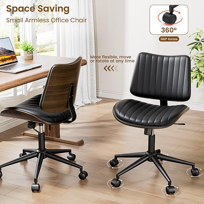 Modern Walnut Armless Office Chair with Wheels - Ergonomic Curved Back Adjustable Swivel Chair for Small Space, Silent Rolling Casters & 330lbs Capacity, Perfect for Home Office/Meeting Room, Black