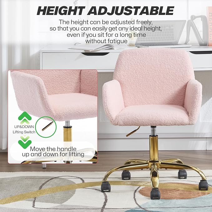 KCC Faux Fur Vanity Makeup Desk Chair, Comfy Fluffy Swivel Modern Leisure Armchair with Wheels, Upholstered Fuzzy Height Adjustable for Teens Women Girls Elegant Home Office, Pink