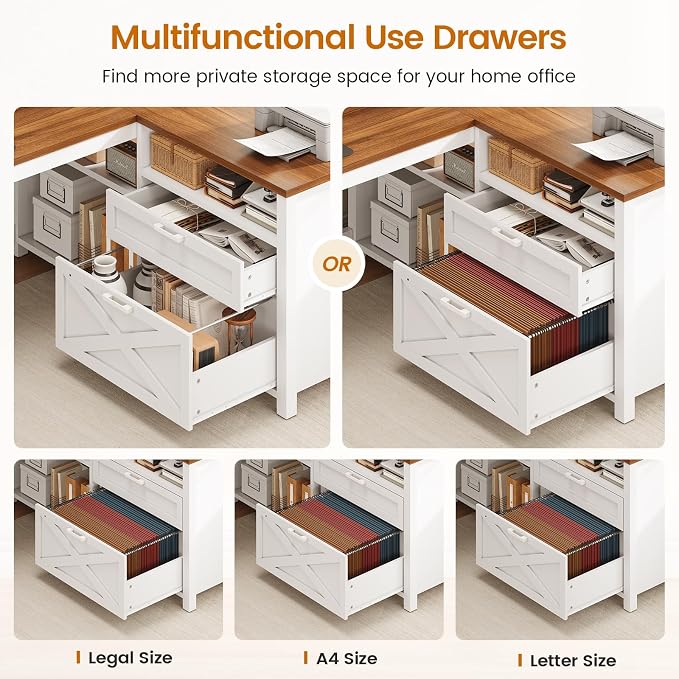 SEDETA Farmhouse L Shaped Desk, 55" Home Office Desk with Drawers and Storage Shelves, L Shaped Gaming Desk with LED Lights, Power Outlet and Monitor Shelf, Brown
