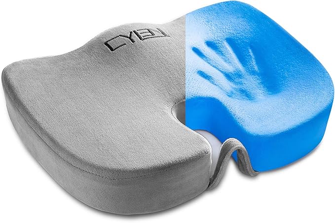 CYLEN Home Office Seat Cushion - Comfort Memory Foam Chair Cushion with Cooling Gel Infused for Tailbone, Coccyx, Back & Sciatica Pain Relief (Grey)