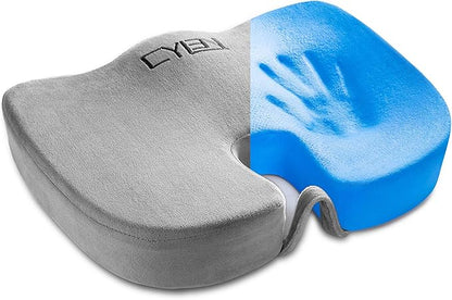 CYLEN Home Office Seat Cushion - Comfort Memory Foam Chair Cushion with Cooling Gel Infused for Tailbone, Coccyx, Back & Sciatica Pain Relief (Grey)
