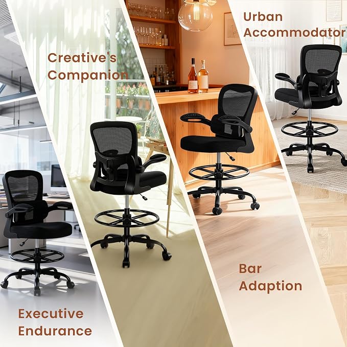 AreShark Drafting Office Chair - Ergonomic Tall Office Chair with Adjustable Footrest Ring - Counter Height Adjustable Rolling Standing Desk Chair with Lumbar Support and Flip-up Armrests for Home