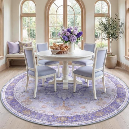 RELEANY Area Rugs Round 7ft Washable Non-Slip, Floral Vintage Distress Medallion Carpet for Living Room Bedroom Dining Room, Light Purple Brown