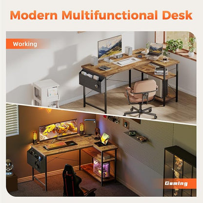 Mericonia Small L Shaped Computer Desk with Power Outlets, Reversible Gaming Desk with Storage Shelves, Corner Gamer Desk Table, Study Writing Table