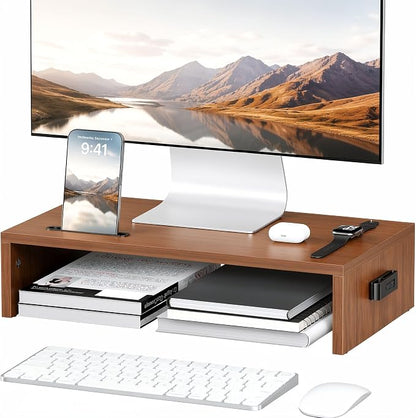 BONTEC Monitor Stand Riser with Cellphone Holder & Cable Management, 16.7 Inch Wood Monitor Riser Stand, Desktop Stand for PC/TV/Laptop/Printer, Walnut