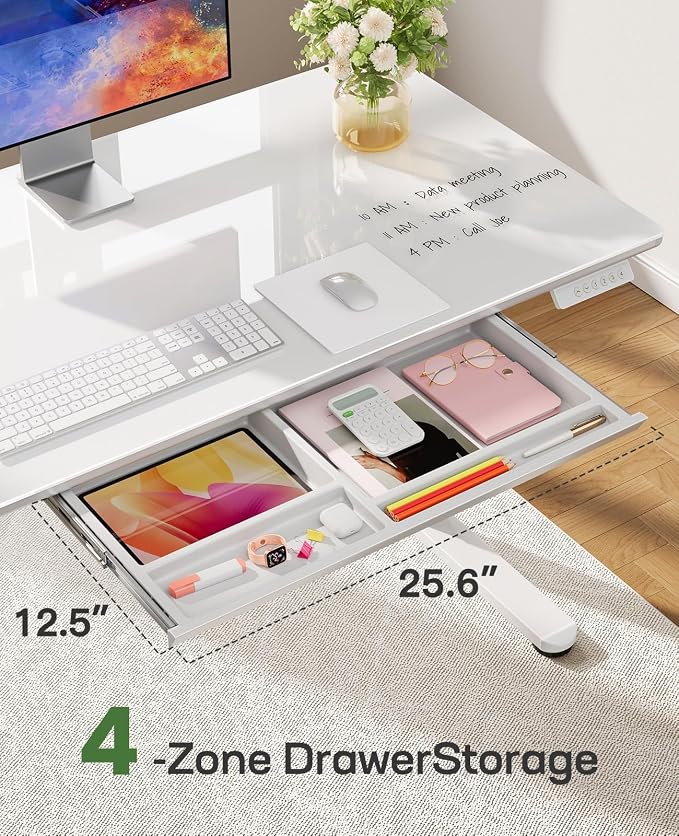 Marsail Glass Electric Standing Desk with Drawer, 40 x 24 Inches Height-Adjustable Desk, One-Piece Tempered Glass Top, Ergonomic Home Office Sit Stand Desk with 4 Preset Heights, White