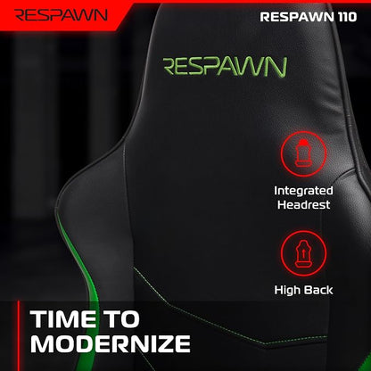 Respawn 110 Ergonomic Gaming Chair - Reclining Office Video Game Swivel Chair with Lumbar Support, Headrest, Heavy Duty, High Back, Racing Style Gaming Recliner Seat for Computer Gamer - Green