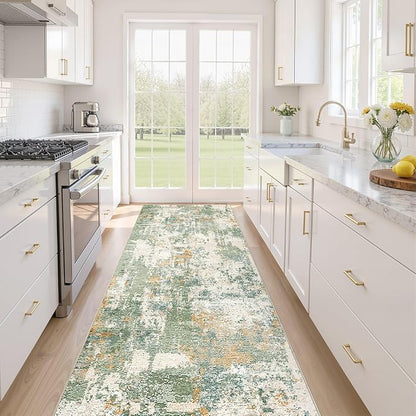 Runner Rug Kitchen Washable Rugs: 2x10 Non-Slip Abstract Soft Modern Stain Resistant Indoor Floor Neutral Accent Throw Carpet for Hallway Bathroom Laundry Room Entryway Bedroom- Green
