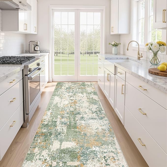Runner Rug Kitchen Washable Rugs: 3x8 Non-Slip Abstract Soft Modern Stain Resistant Indoor Floor Neutral Accent Throw Carpet for Hallway Bathroom Laundry Room Entryway Bedroom- Green