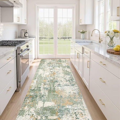 Runner Rug Kitchen Washable Rugs: 3x8 Non-Slip Abstract Soft Modern Stain Resistant Indoor Floor Neutral Accent Throw Carpet for Hallway Bathroom Laundry Room Entryway Bedroom- Green