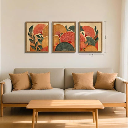 Framed Colorful Botanical Wall Art Set of 3, Vintage Ginkgo Leaves Canvas Wall Decor Paintings, Mid Century Abstract Flowers Posters Prints Pictures for Living Room Bedroom Bathroom 16x24 Inch