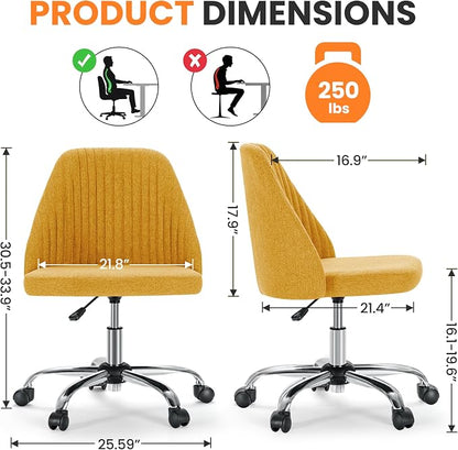 Simple Deluxe Armless Office Desk Chair, Modern Cute Swivel Vanity Chair Comfy Home Office Chairs with Wheels Height Adjustable Rolling Computer Task Stools for Living Room, Make-up, Bedroom, Yellow