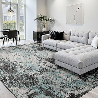 RELEANY Washable Area Rugs 10'x14 Non-Slip Modern Abstract Soft for Living Room Entryway Bedroom Kitchen, Print Pattern, Blue Black Teal