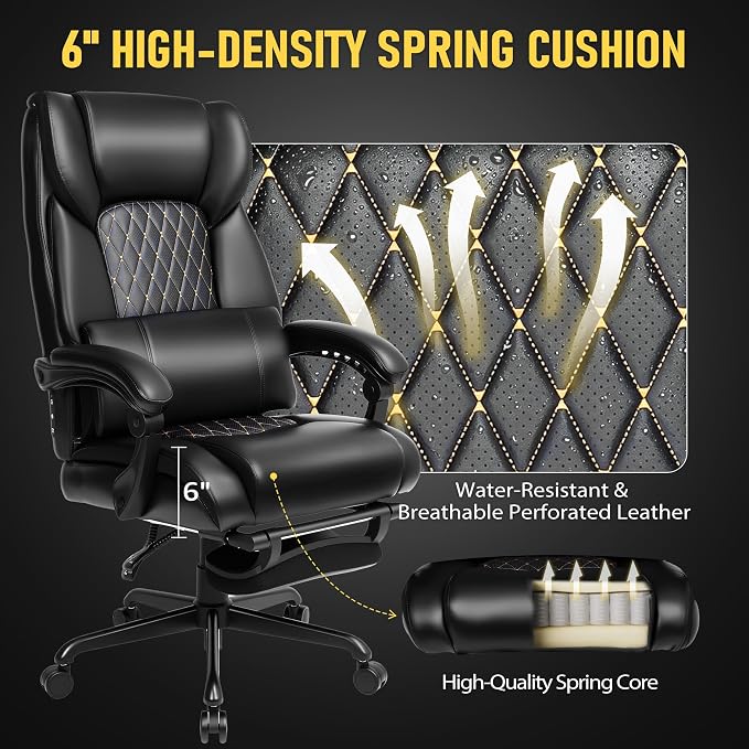 3D Kneading Massage Office Chair with Heat, 500 lbs Big and Tall Executive Computer Desk Recliner, Leather Electric Heated Chair with Footrest, Black