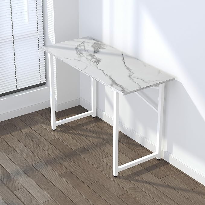Lutown-Teen 47 inch Folding Desk No Assembly Required, Writing Gaming Computer Camping Table, Home Office Desk, White Marble