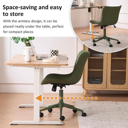 YOUNIKE Home Office Desk Chair with Wheels Armless Vanity Chair with Back Comfy Modern Leather Upholstered Rolling Task Chair Swivel Small Cute Sewing Chair No Arms Wide Adjustable Sage Green
