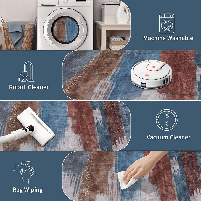 Ciicool Modern Abstract Area Rug 2x3 Washable Small Entryway Rugs,Blue Brown Non-Slip Low Pile Throw Entry Rug, Foldable Kitchen Bathroom Rugs Floor Carpet for Entrance Bedroom Indoor Doormat