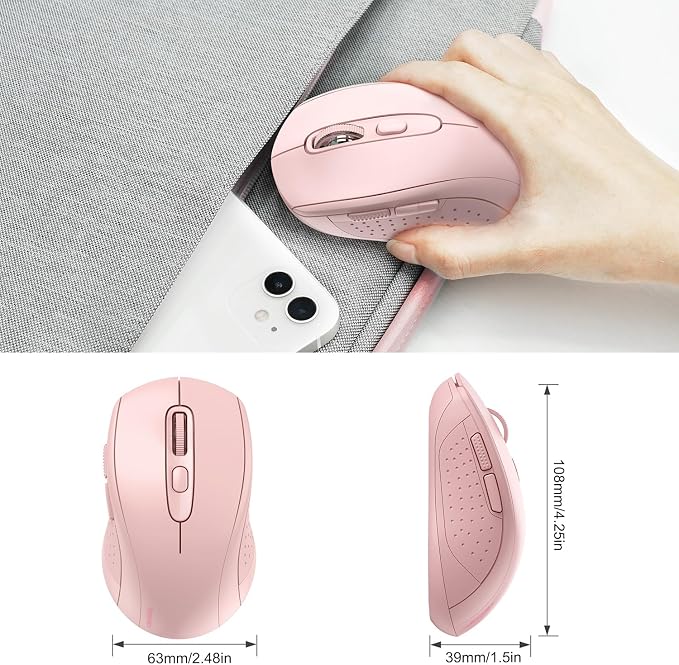 TECKNET Bluetooth Mouse (BT 5.0/3.0+2.4Ghz), 6-Level 4000 DPI Wireless Mice for Laptop, 2-in-1 Ergonomic Computer Portable PC Mouse, Silent Mouse with USB Receiver for Windows/Mac/PC/Notebook-Pink