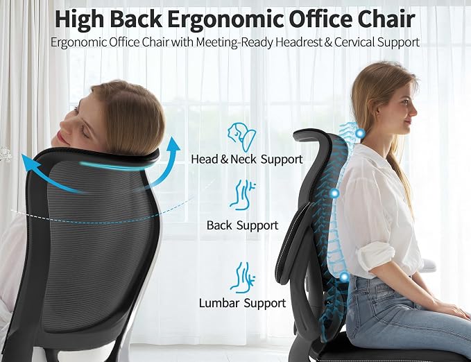 TRALT Ergonomic Office Chair - Desk Chair with Wave High Back Adjustable Lumbar Support Computer Chair - Gaming Chairs Mesh Backrest and PU Leather Seat for Home Reading Chairs (Black Pack of 4)