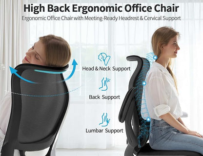 TRALT Ergonomic Office Chair - Desk Chair with Wave High Back Adjustable Lumbar Support Computer Chair - Gaming Chairs Mesh Backrest and PU Leather Seat for Home Reading Chairs (Black Pack of 4)