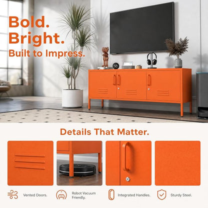Metal Storage Cabinet with Adjustable Shelves, Wide Lockable TV Stand, Multipurpose Accent Cabinet, Orange Colorful Locker for Home Office Living Room, 22" H x 47.3" x 13.8" D