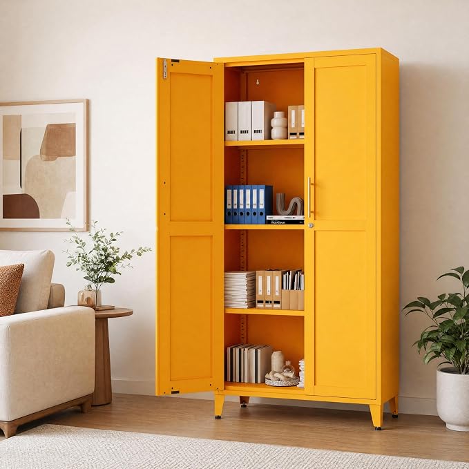 Metal Storage Cabinet with Lock,Yellow Steel Tool Cabinet with 3 Adjustable Shelves,61 Tall Freestanding Heavy Duty Garage Locker for Home Office Kitchen 61" H X 27.6" W X 13.8" D