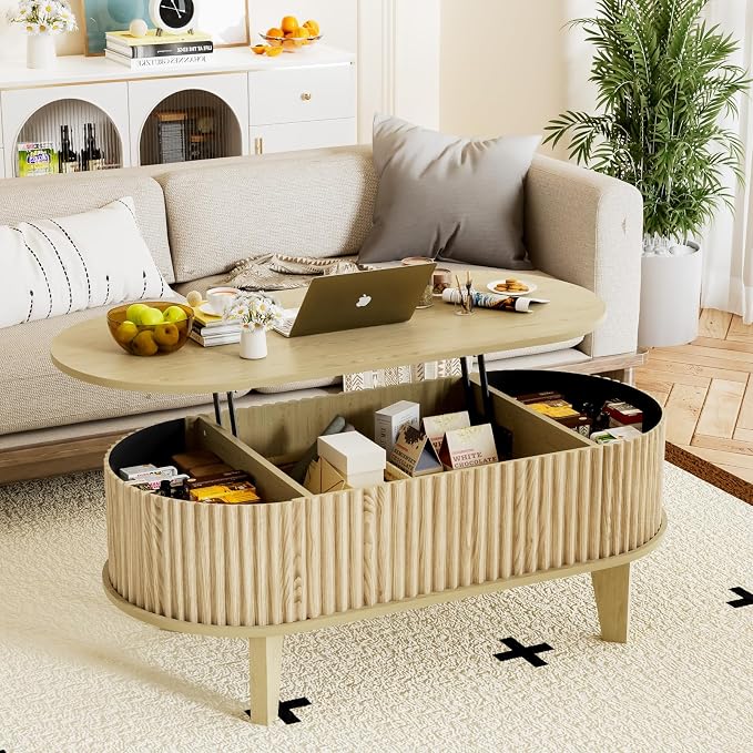 Oval Coffee Table with Lifting Top, 41" Fluted Coffee Table with Storage for Living Room or Home Office, Oak