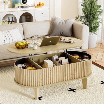 Oval Coffee Table with Lifting Top, 41" Fluted Coffee Table with Storage for Living Room or Home Office, Oak