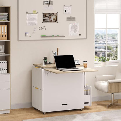 ModernMate 3-in-1 Folding Desk & File Cabinet, Fluted Multi-Storage Workspace with 4 Drawers, Lockable Wheels | Power Outlet | Fits A4/Letter Files, Space-Saving for Small Home Office, Light Walnut
