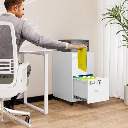 BYNSOE 2 Drawers File Cabinet with Lock Metal Vertical File Cabient with Wheels Mobile File Cabinet for Office Home Legal/Letter/a4 Size Require Assembly (White, 2 Drawers)