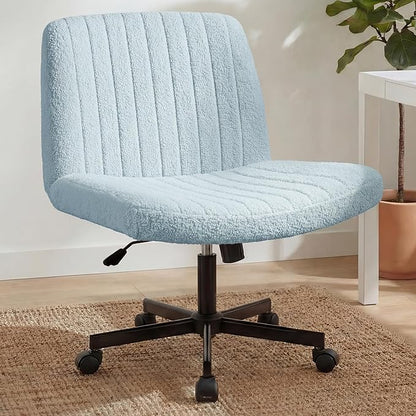 Orange Factory Criss Cross Chair Wheels Vanity Chair Office Desk Comfy Wide Cross Legged Armless Teddy Fabric Adjustable Swivel for Home Computer Task (Blue, Teddy Fleece)