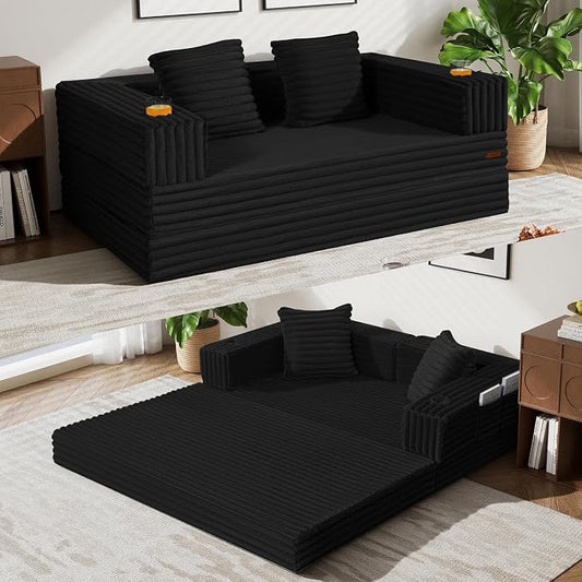 COMAX Futon Sofa Bed, 4‑in‑1 Convertible Sofa Bed, Folding Boneless Couches | Boneless Couch for living room, Fold Out Small Foldable Loveseat Floor Sleeper Mattress Lounge Space‑Saving, Jet Black