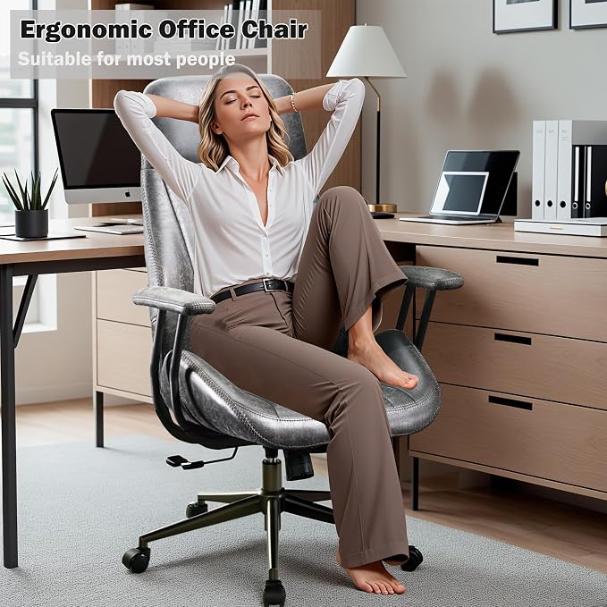 Home Office Chair,Ergonomic Computer Chair with Lumbar Support Adjustable Height,Mid-Century Modern Office Chair with Rolling Swivel Chair for Home Office Game Study(Suede High Back Chair,Gray)