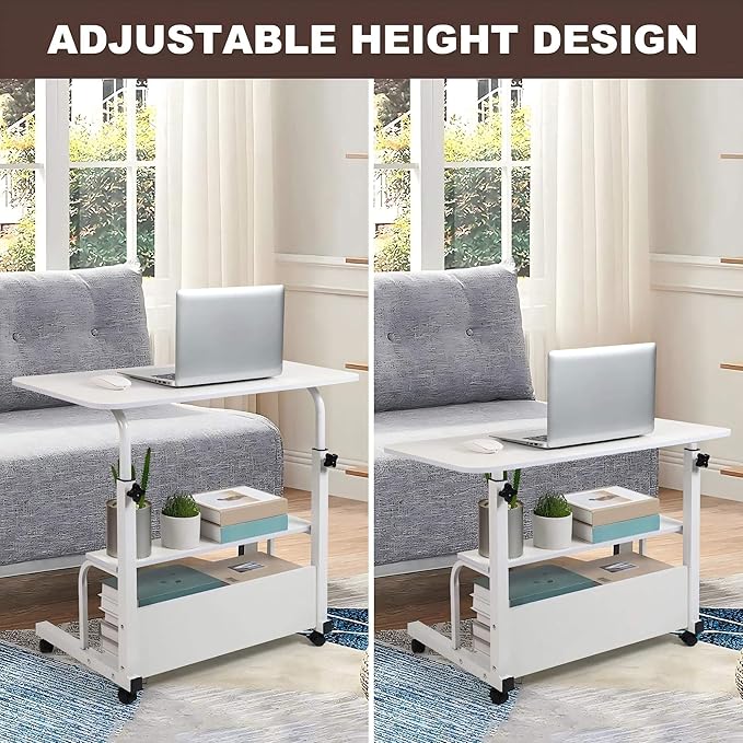 Laptop Desk Removable and Adjustable Height Table for Bedroom Bedside, Office Desk Home Writing Desk, Small Standing Desks with Storage TV Tray Table, Size 31.5 Inch White