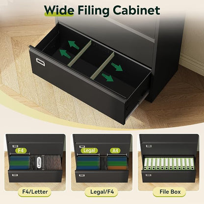 DEVAISE 3 Drawer Metal File Cabinet, Wide Lateral Filing Cabinet with Lock for Home Office Organization Hanging Files Letter/Legal/F4/A4 Size (Black, Assembly Required)