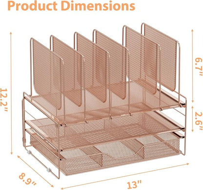 LEKETREE Rose Gold Desk Organizer, Office Organization with Vertical File Holder, File Organizer with Drawer and Office Supplies, Desk Accessories and Workspace Organizers (Rose Gold)