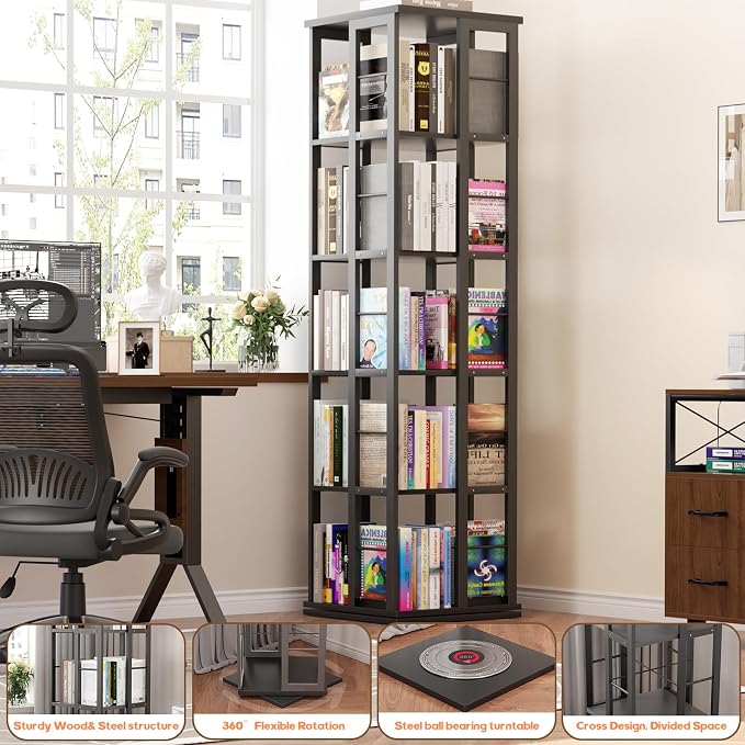 Aheaplus Rotating Bookshelf, Corner Bookcase, 360 Display Wood Spinning Bookshelves, Floor Standing Bookcases Narrow Shelf, 5 Tiers, Black