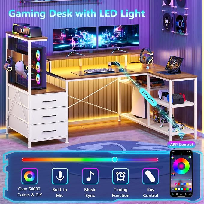 YOMILUVE L Shaped Gaming Desk with Drawers & Storage Shelves, White Gaming Desk with Power Outlets & LED Light, Reversible Computer Desk with Monitor Stand & Hooks, Brown and White
