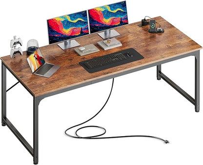 PRAISUN 63 X 30 Inch Computer Desk with Power Outlets & USB-C Port,Larger and Longer Office Desk with Deeper Desktop, Study, Bedroom, Writing Work from Home Table, Metal Frame, Rustic Brown