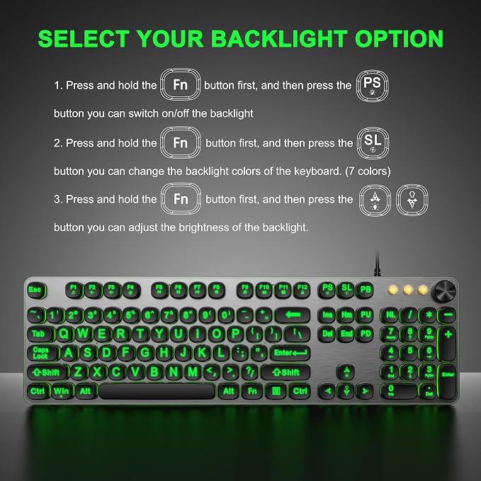 QUASIO Large Print Backlit Keyboard with 7-Color Backlit, Wired USB Lighted Computer Keyboards Oversize Letters Keys Easy to See, Illuminated Keyboard for PC, Laptop,Windows Desktop