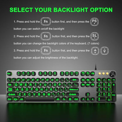 QUASIO Large Print Backlit Keyboard with 7-Color Backlit, Wired USB Lighted Computer Keyboards Oversize Letters Keys Easy to See, Illuminated Keyboard for PC, Laptop,Windows Desktop