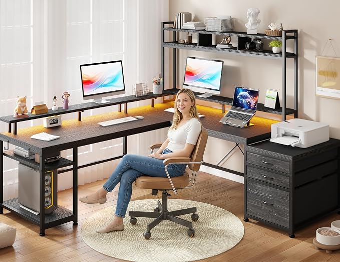 EnHomee 104'' L Shaped Gaming Desk, Reversible Two Person Corner Computer Desk with LED Lights & Power Outlet, Monitor Stand & 3 Drawers, Home Office Workstation for Gaming Room, Black