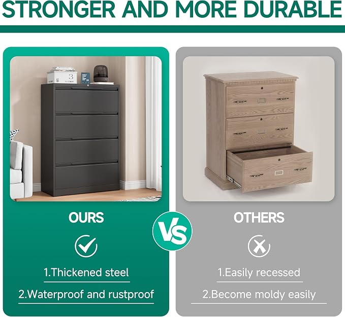 Metal Steel Filling Cabinets for Home Office - 4 Drawer Lockable Lateral File Cabinet for Hanging Files Letter/Legal/F4/A4 Size, Assembly Required - Black