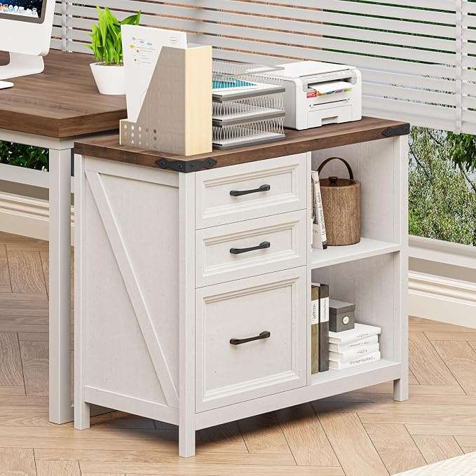Halitaa 3 Drawer File Cabinet, Farmhouse Lateral Filing Cabinet Fits Files Letter or A4 Size, Wooden Printer Stand with Open Storage Adjustable Shelf for Home Office, Rustic White and Brown